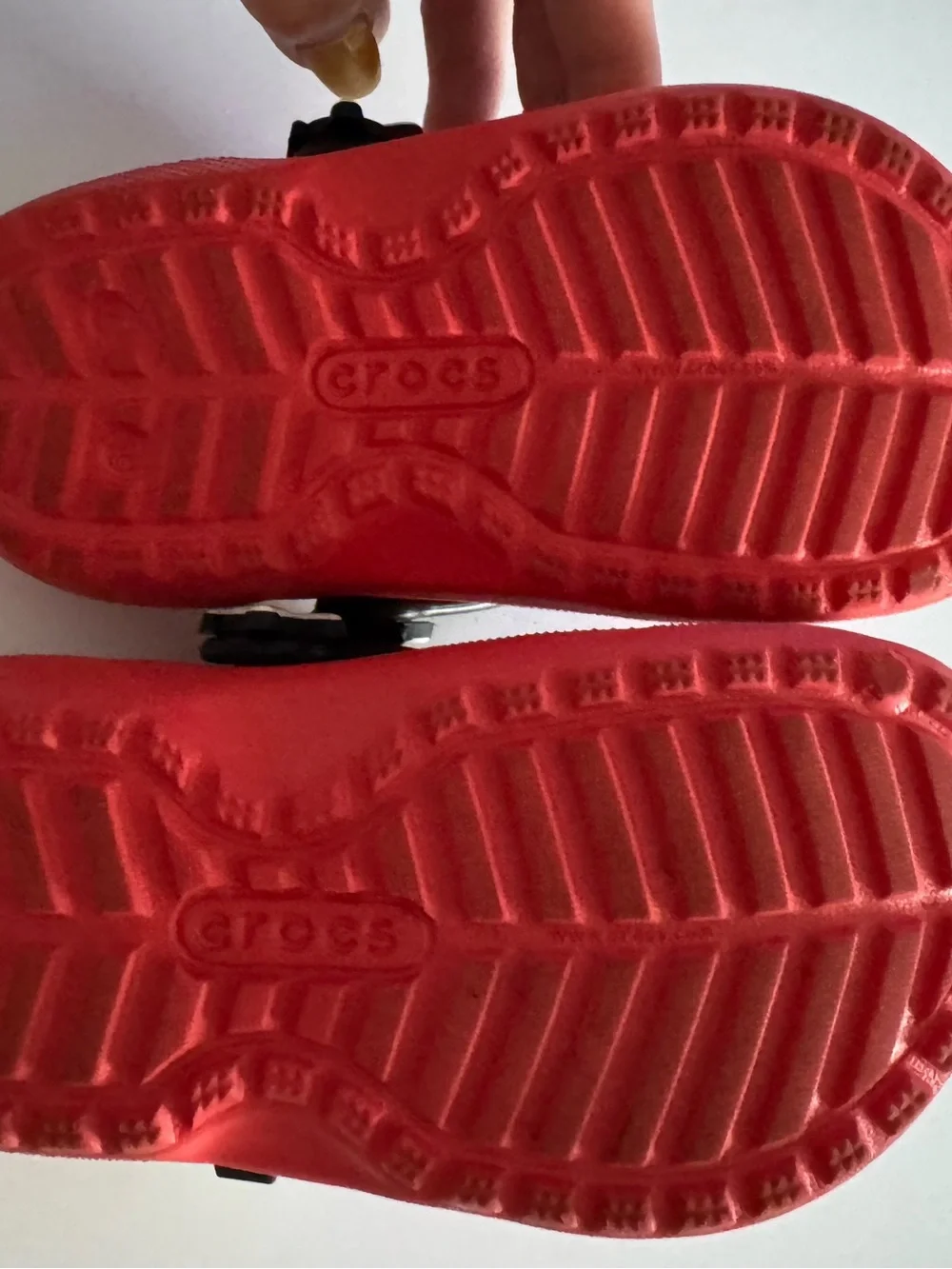 CROCS Red Kids Clogs with Yellow Fuzzy Lining and Black Back Strap